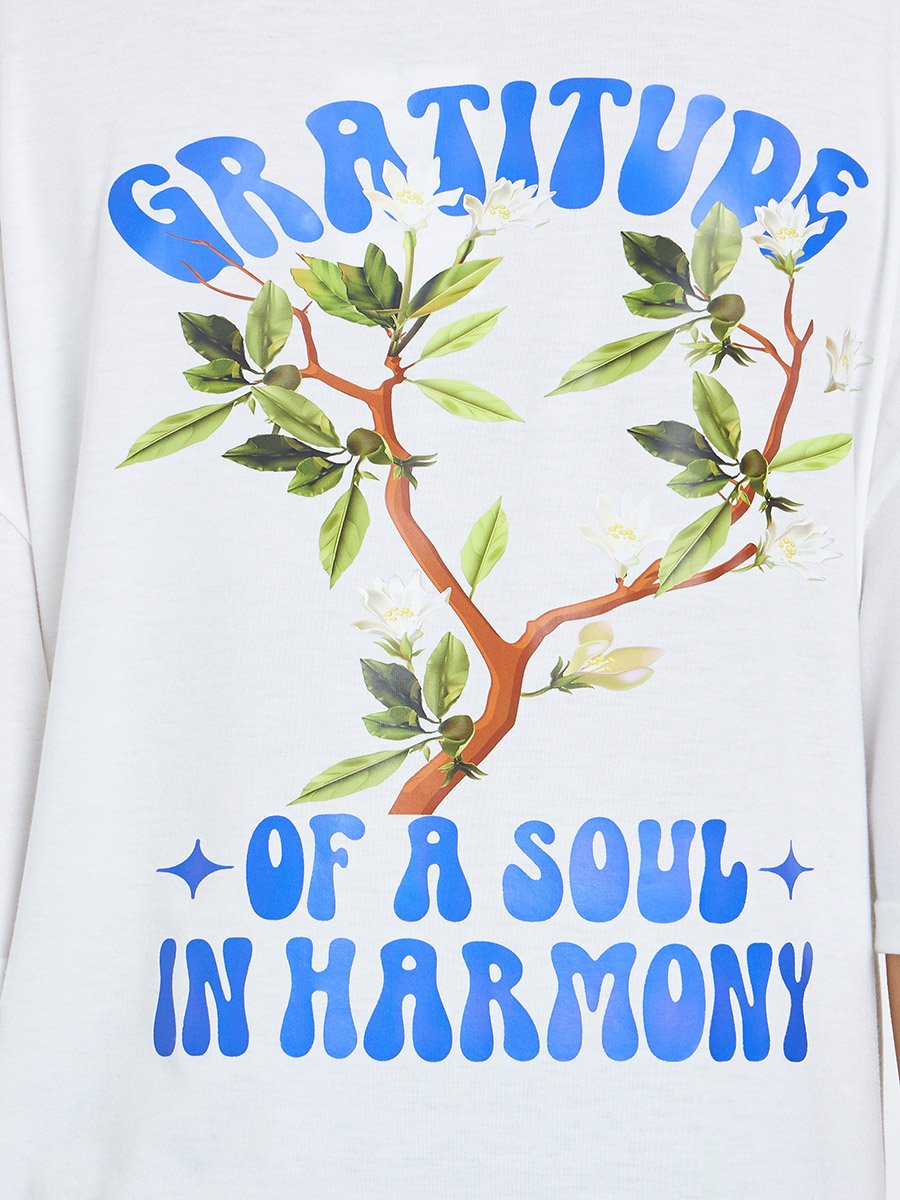 White Floral Graditude Front and Back Graphic Oversized T-Shirt