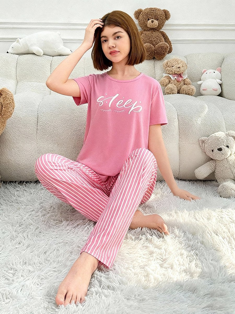 Pink Text Print T-Shirt and Striped Pyjama Set