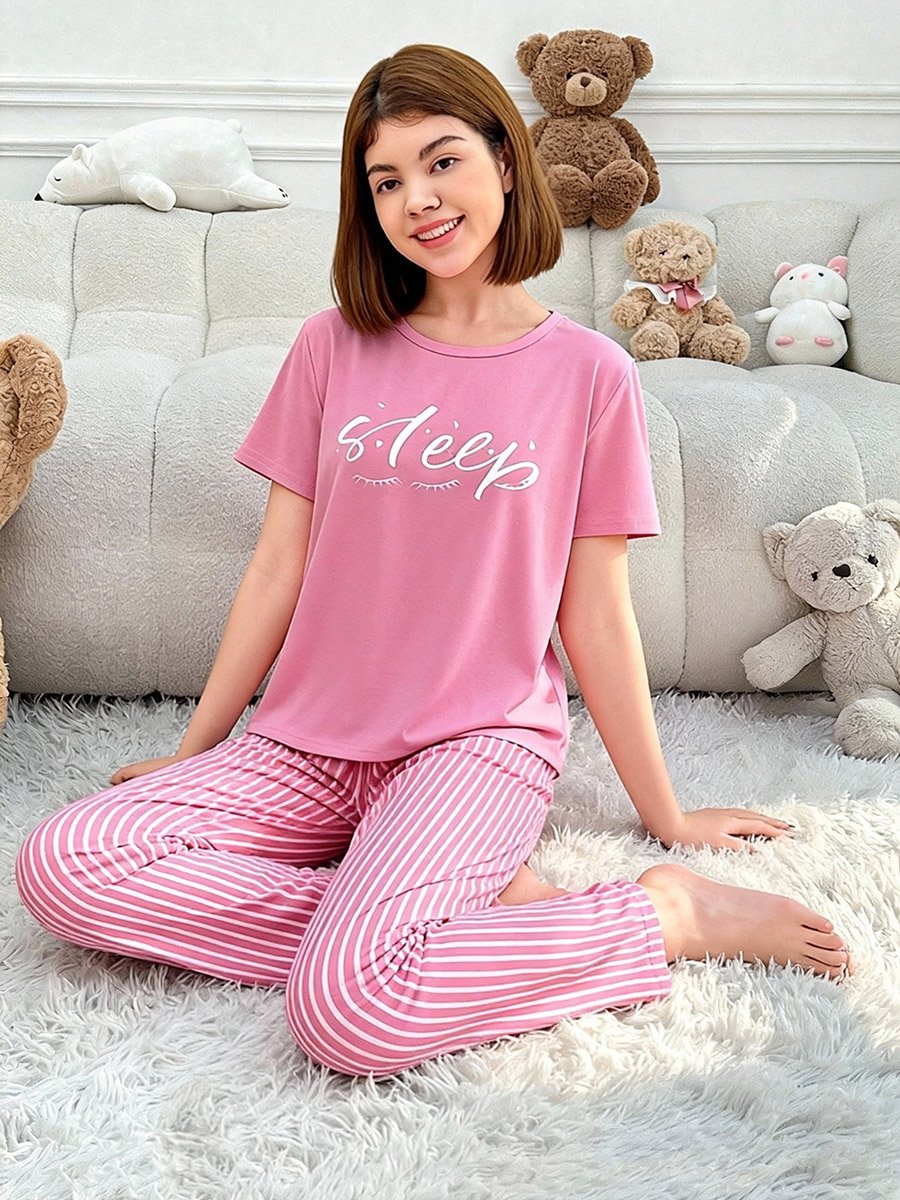 Pink Text Print T-Shirt and Striped Pyjama Set
