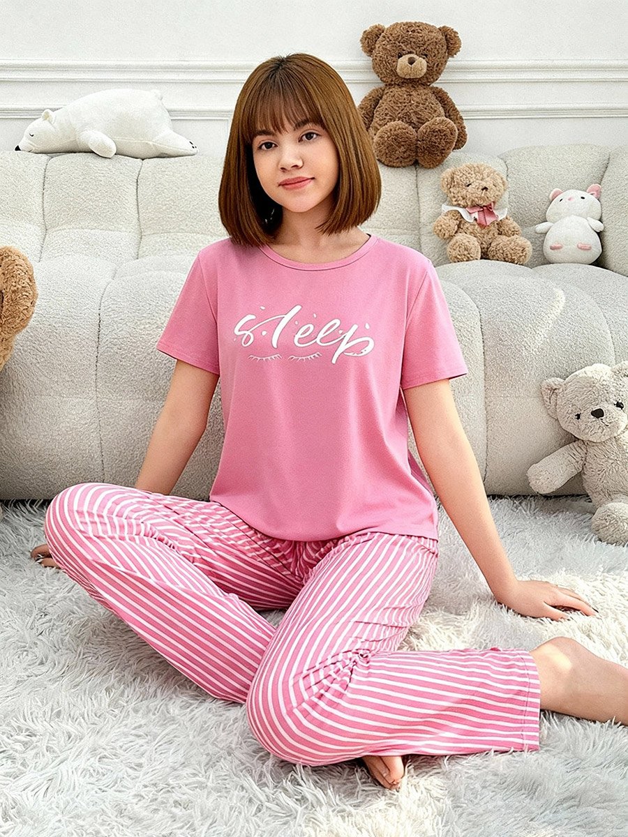 Pink Text Print T-Shirt and Striped Pyjama Set