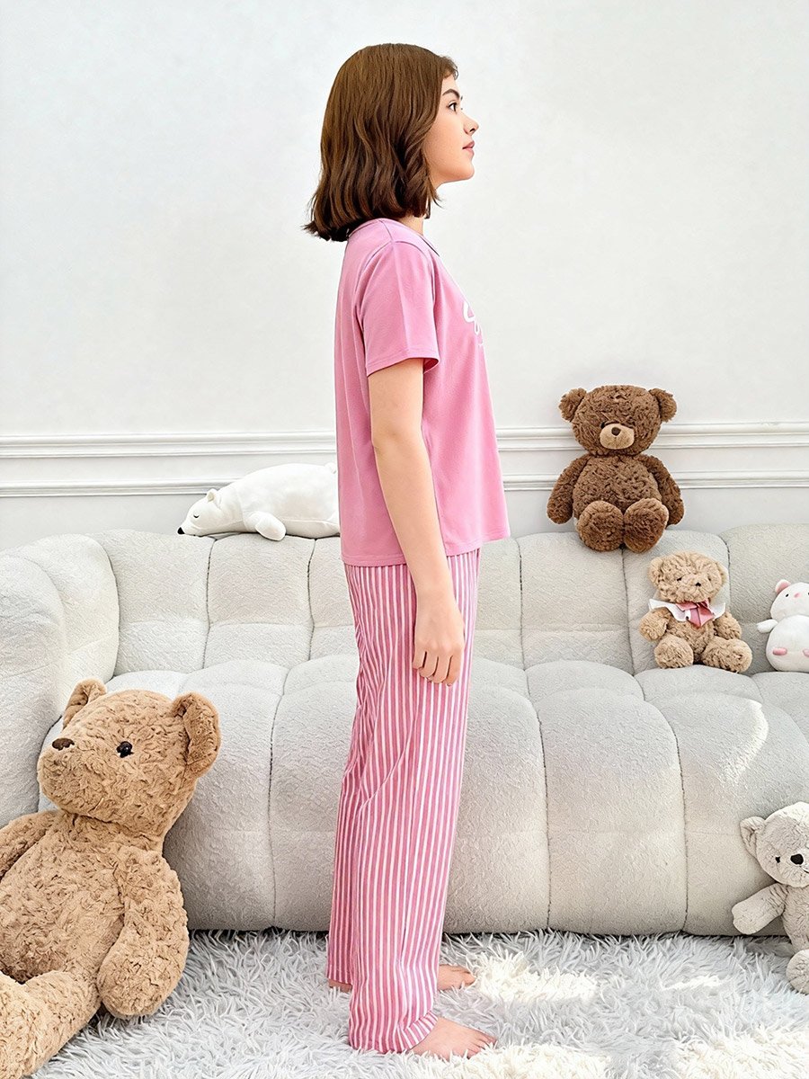 Pink Text Print T-Shirt and Striped Pyjama Set