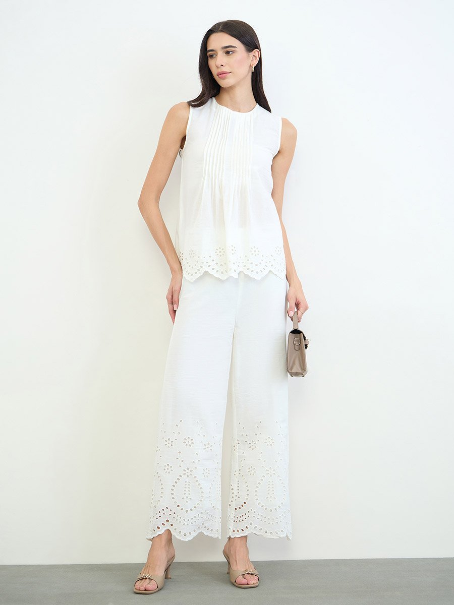 Off White Pintuck Schiffli Hem Top