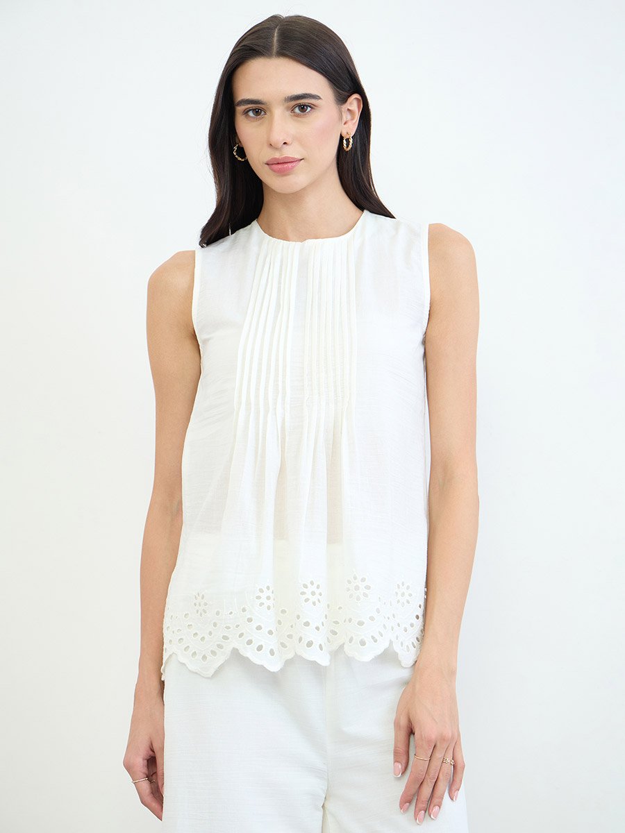 Off White Pintuck Schiffli Hem Top
