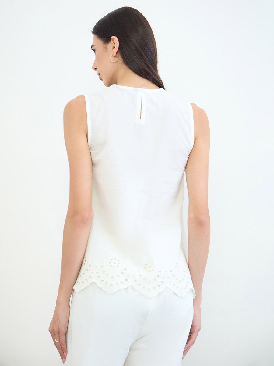 Off White Pintuck Schiffli Hem Top