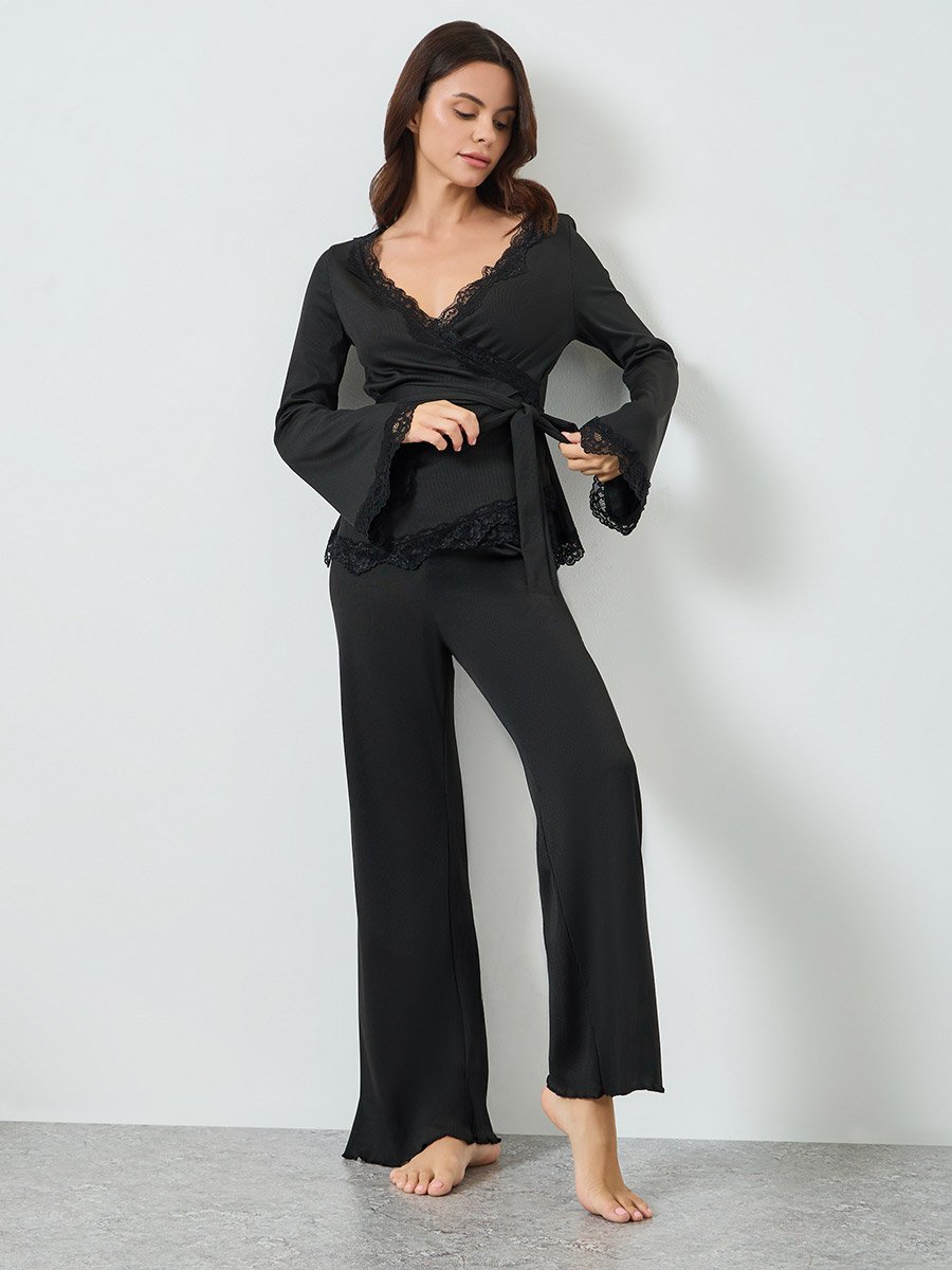 Black Lace Trim Wrap Tie Front Top and Pyjama Set