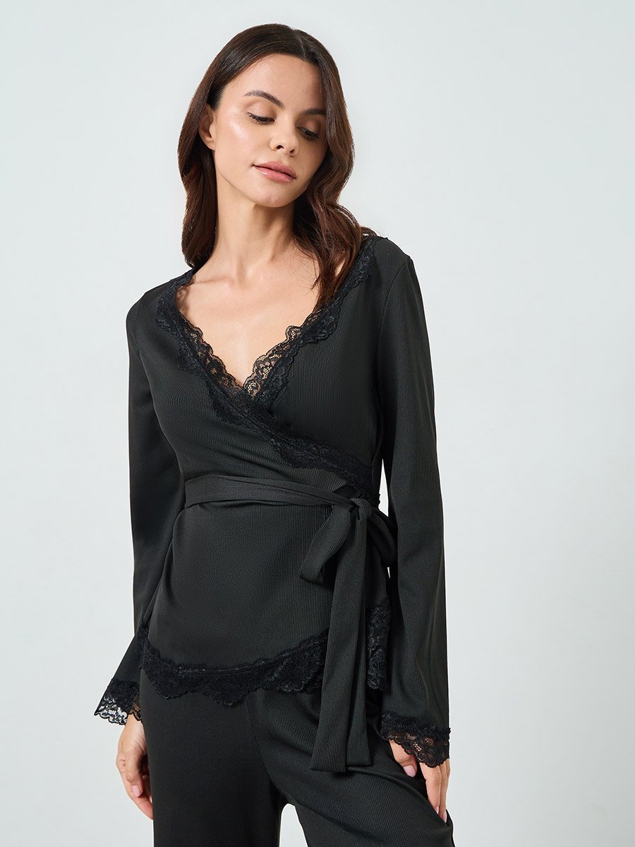 Black Lace Trim Wrap Tie Front Top and Pyjama Set