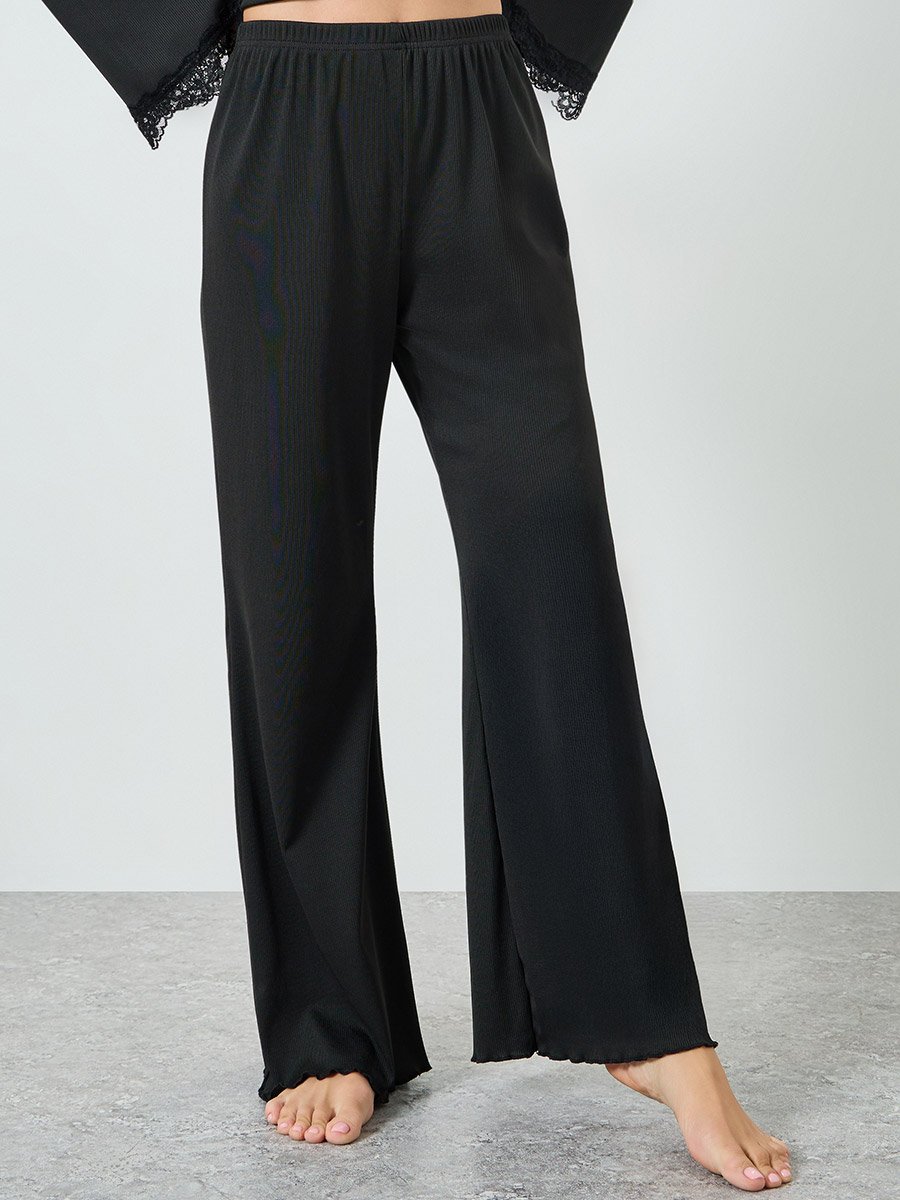 Black Lace Trim Wrap Tie Front Top and Pyjama Set