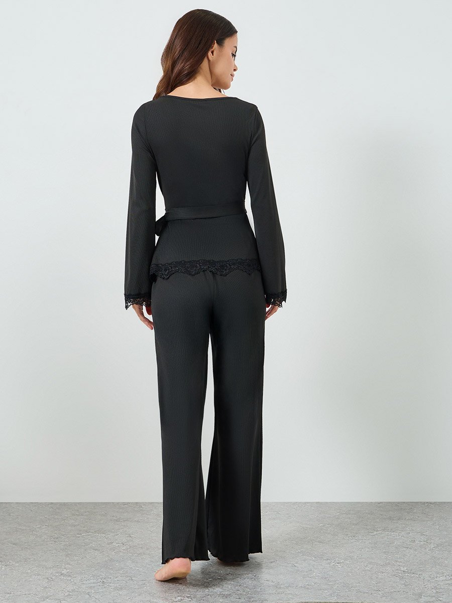 Black Lace Trim Wrap Tie Front Top and Pyjama Set