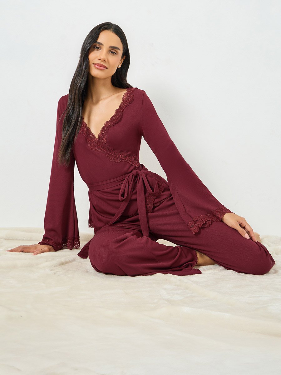 Burgundy Lace Trim Wrap Tie Front Top and Pyjama Set