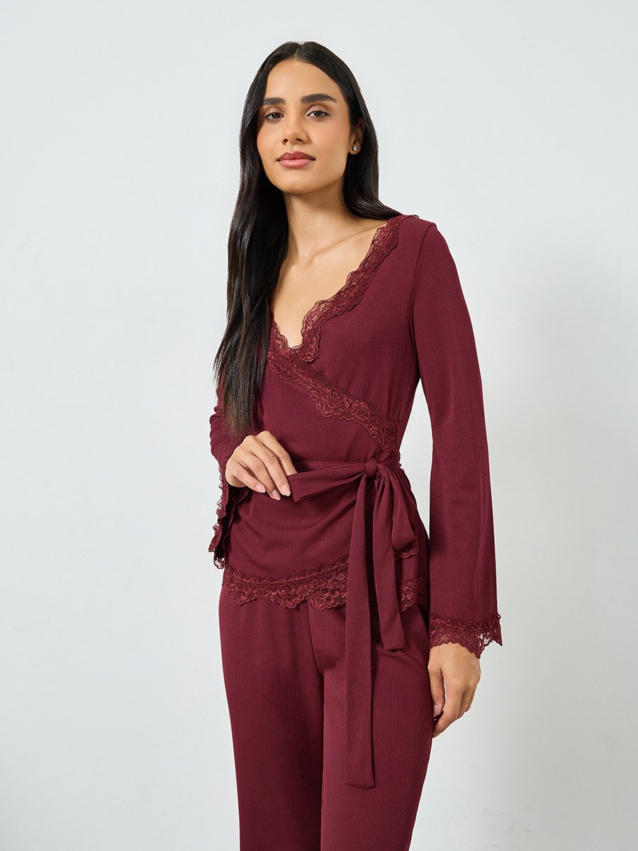 Burgundy Lace Trim Wrap Tie Front Top and Pyjama Set