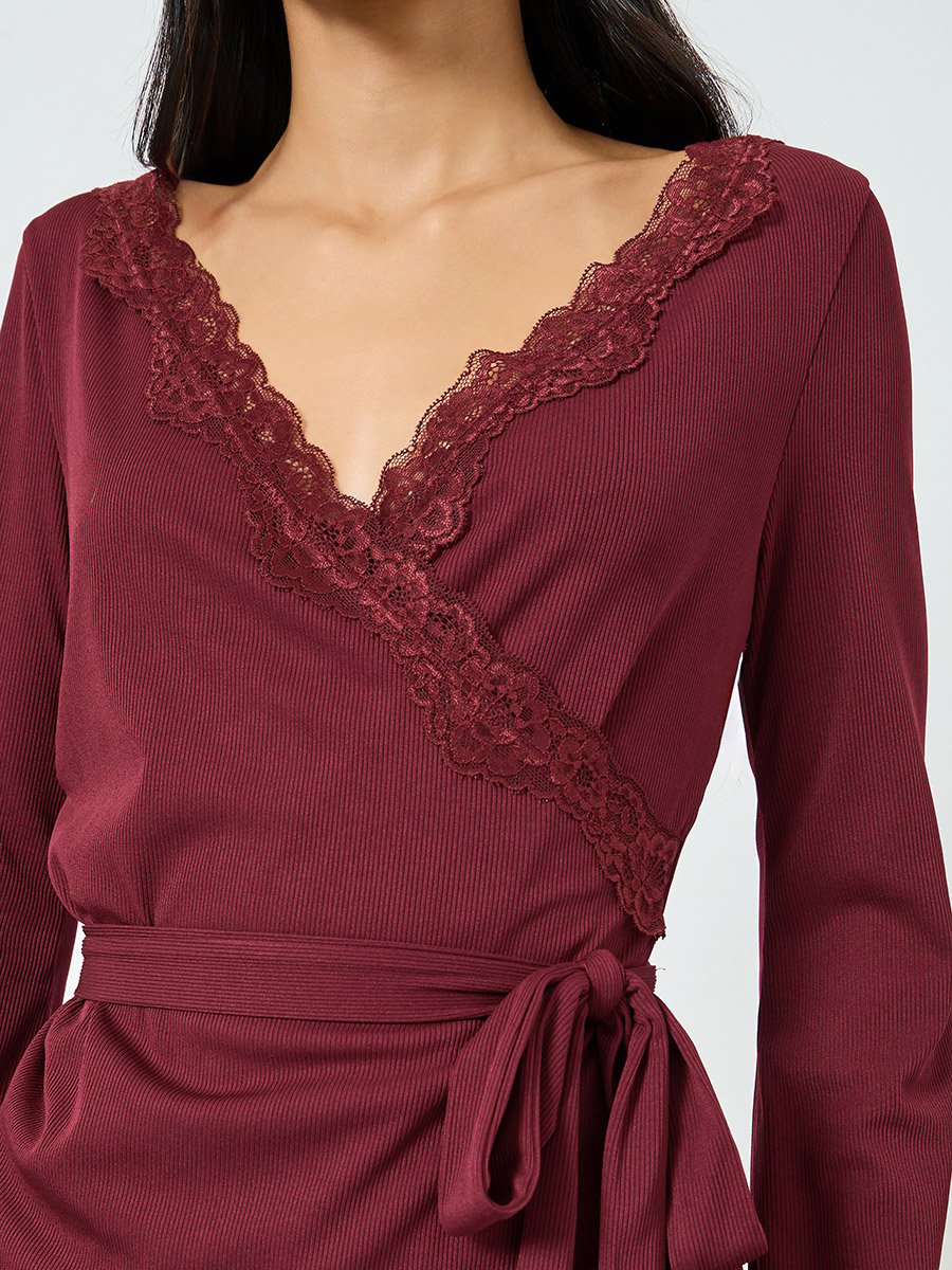 Burgundy Lace Trim Wrap Tie Front Top and Pyjama Set