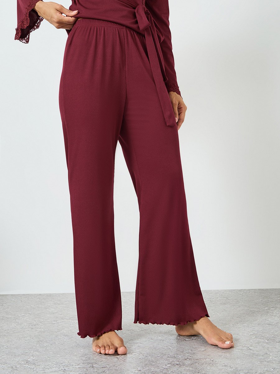 Burgundy Lace Trim Wrap Tie Front Top and Pyjama Set