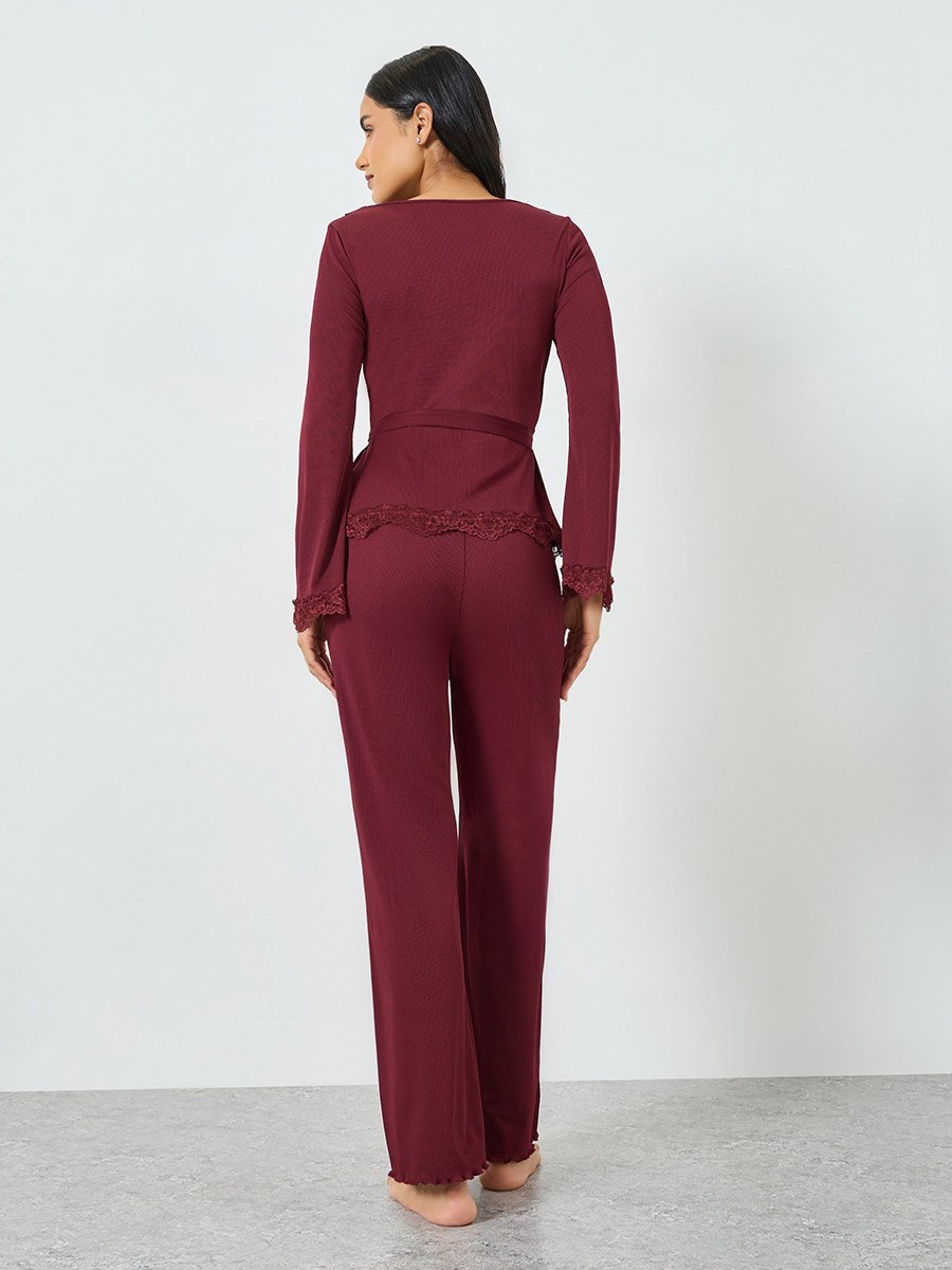 Burgundy Lace Trim Wrap Tie Front Top and Pyjama Set