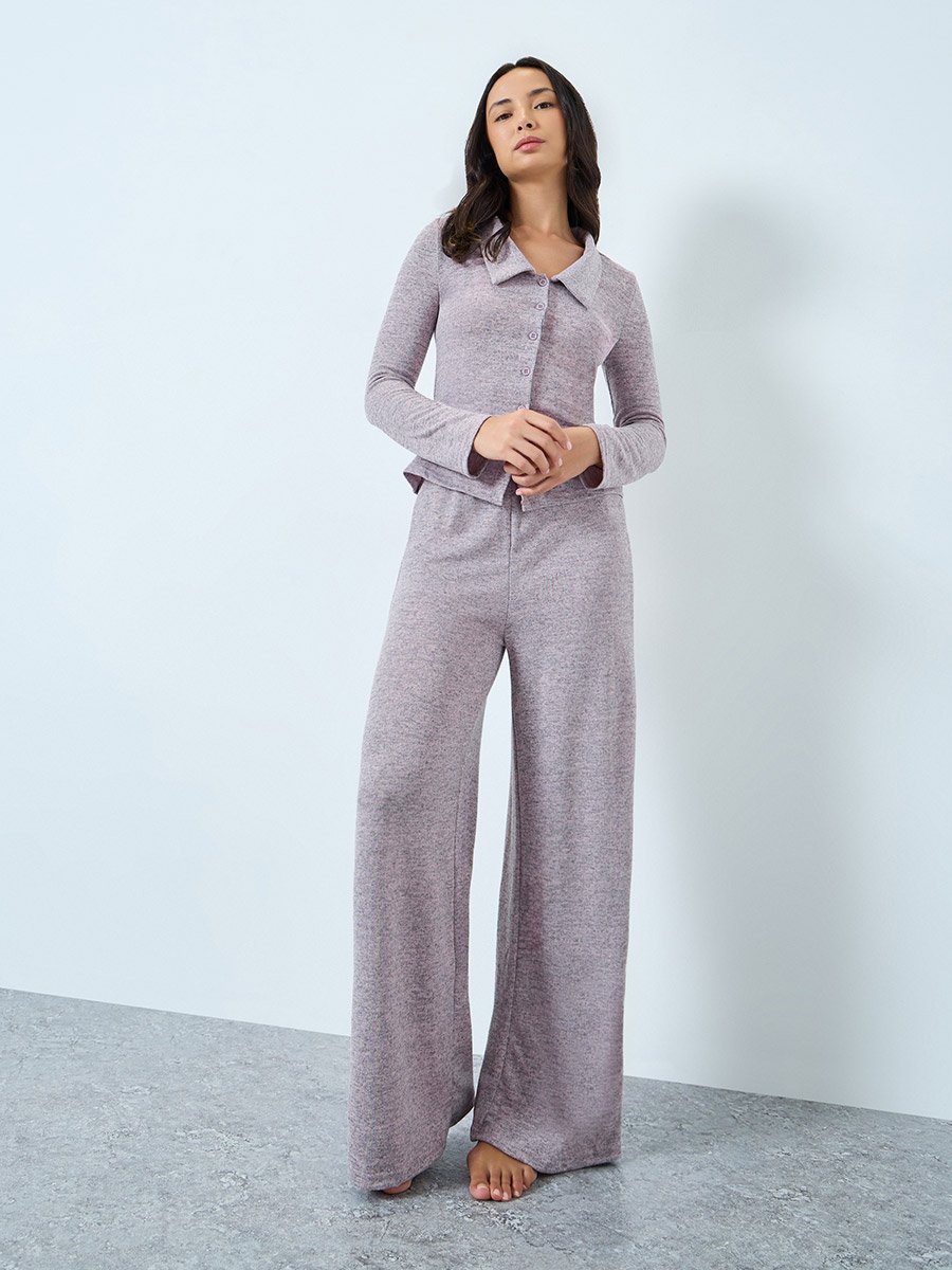 Pink Melange Knit Collared Shirt and Pyjama Set