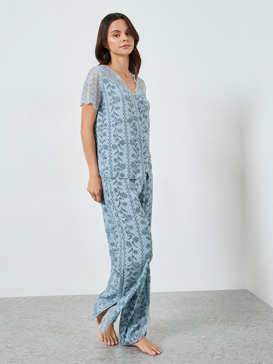 Blue Floral Print Lace Trim Top and Pyjama Set