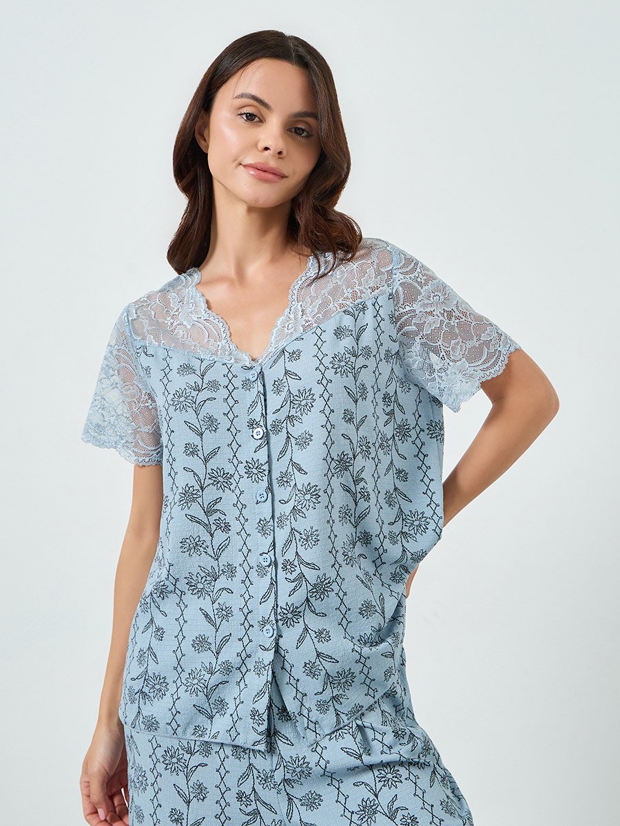 Blue Floral Print Lace Trim Top and Pyjama Set