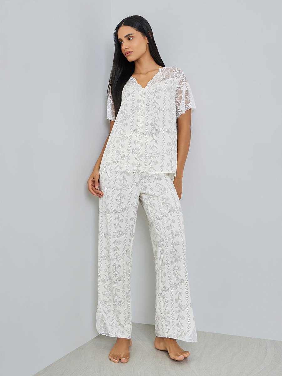 Floral Print Lace Trim Top and Pyjama Set