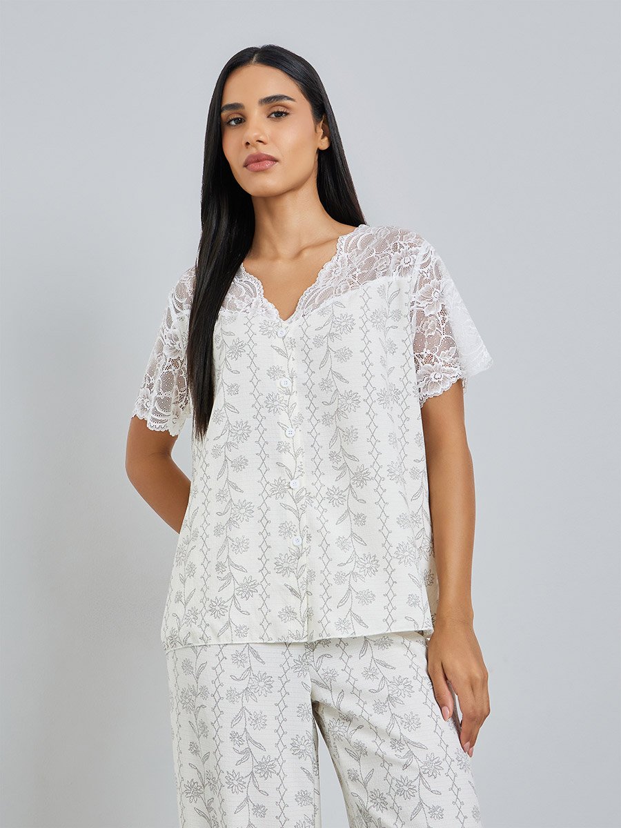 Floral Print Lace Trim Top and Pyjama Set