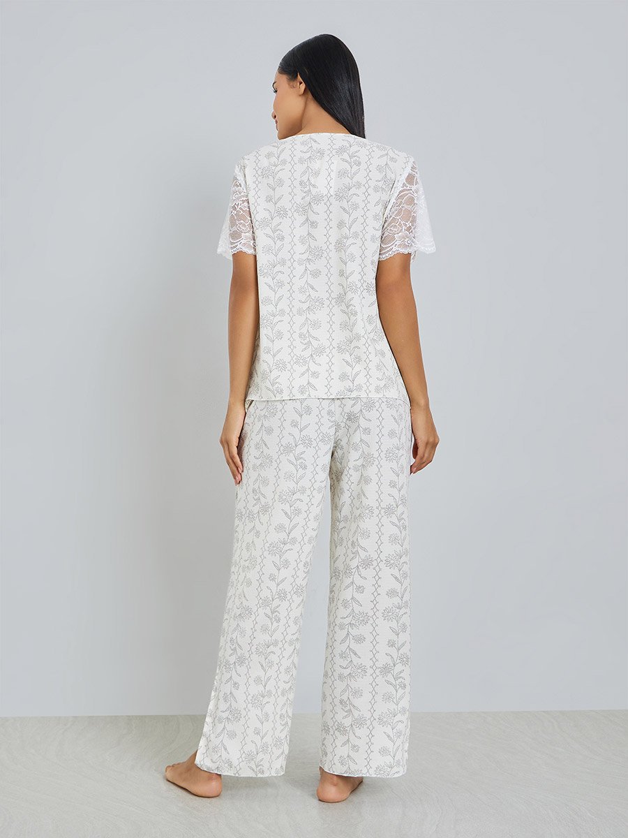 Floral Print Lace Trim Top and Pyjama Set