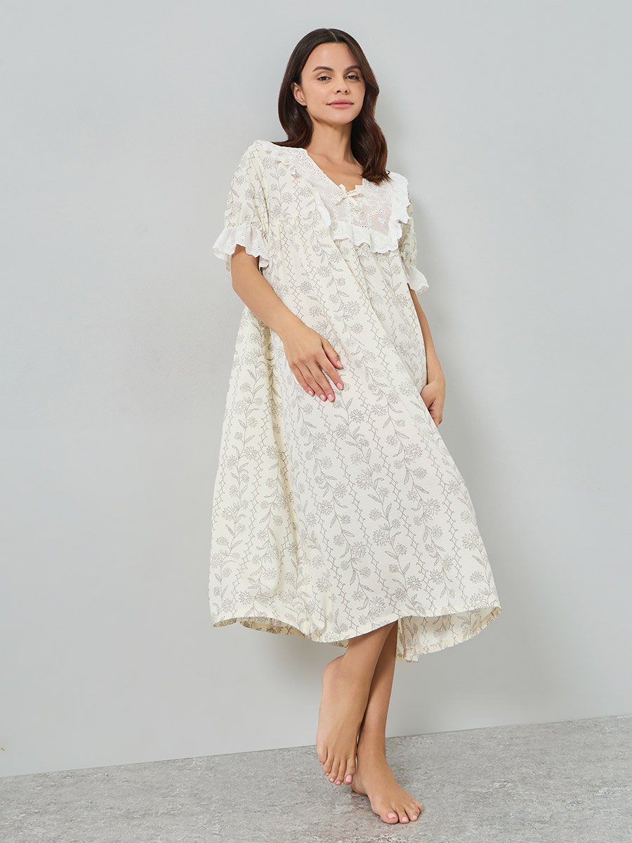 Cream Floral Linear Print Ruffle Yoke Nightdress