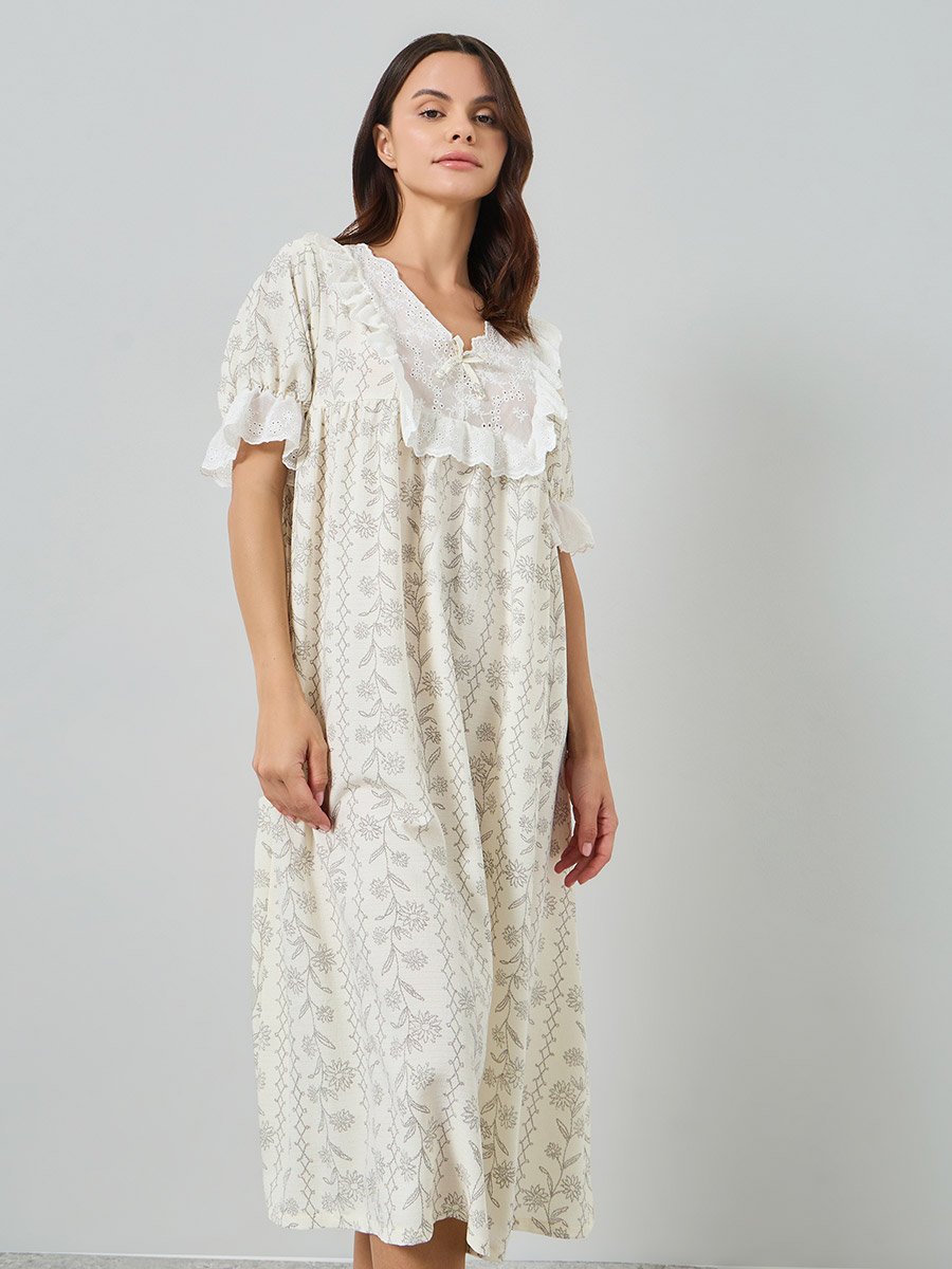 Cream Floral Linear Print Ruffle Yoke Nightdress
