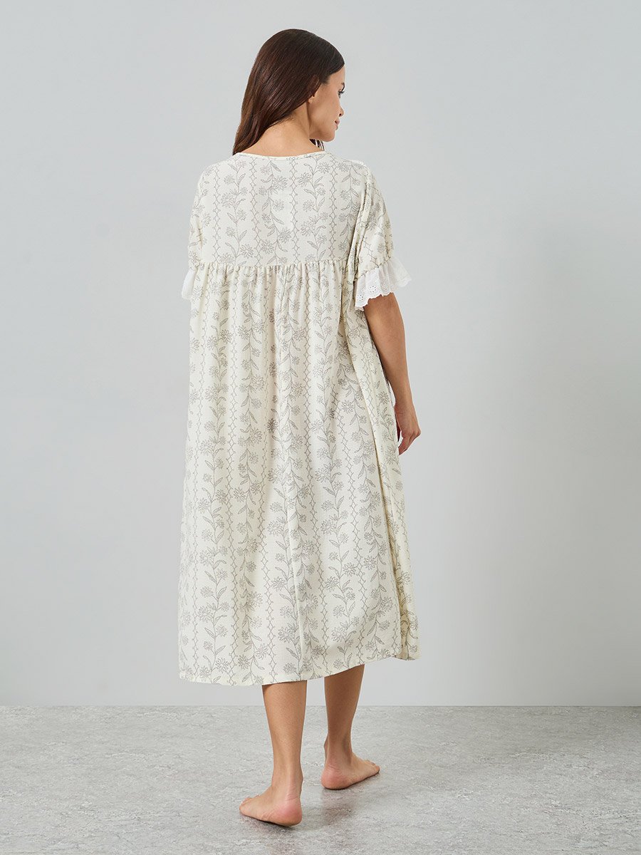 Cream Floral Linear Print Ruffle Yoke Nightdress