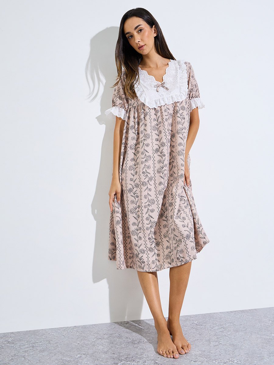 Pink Floral Linear Print Ruffle Yoke Nightdress