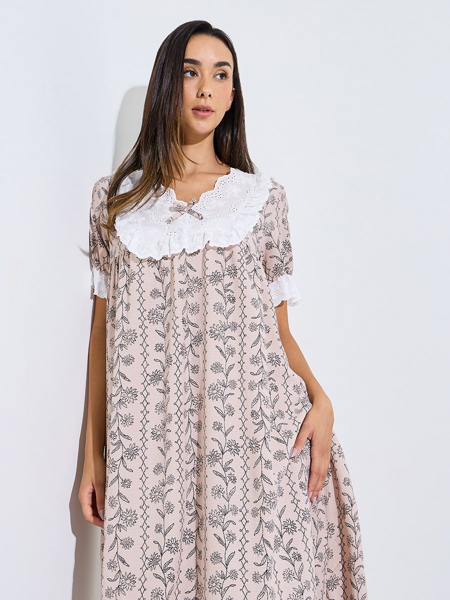 Pink Floral Linear Print Ruffle Yoke Nightdress