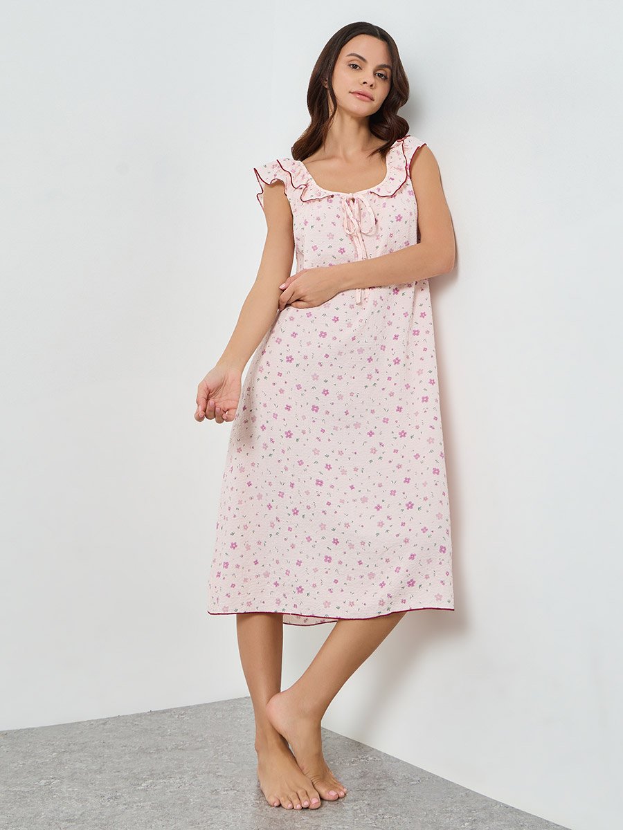 Light Pink Ditsy Floral Ruffle Neck Front Tie Nightdress