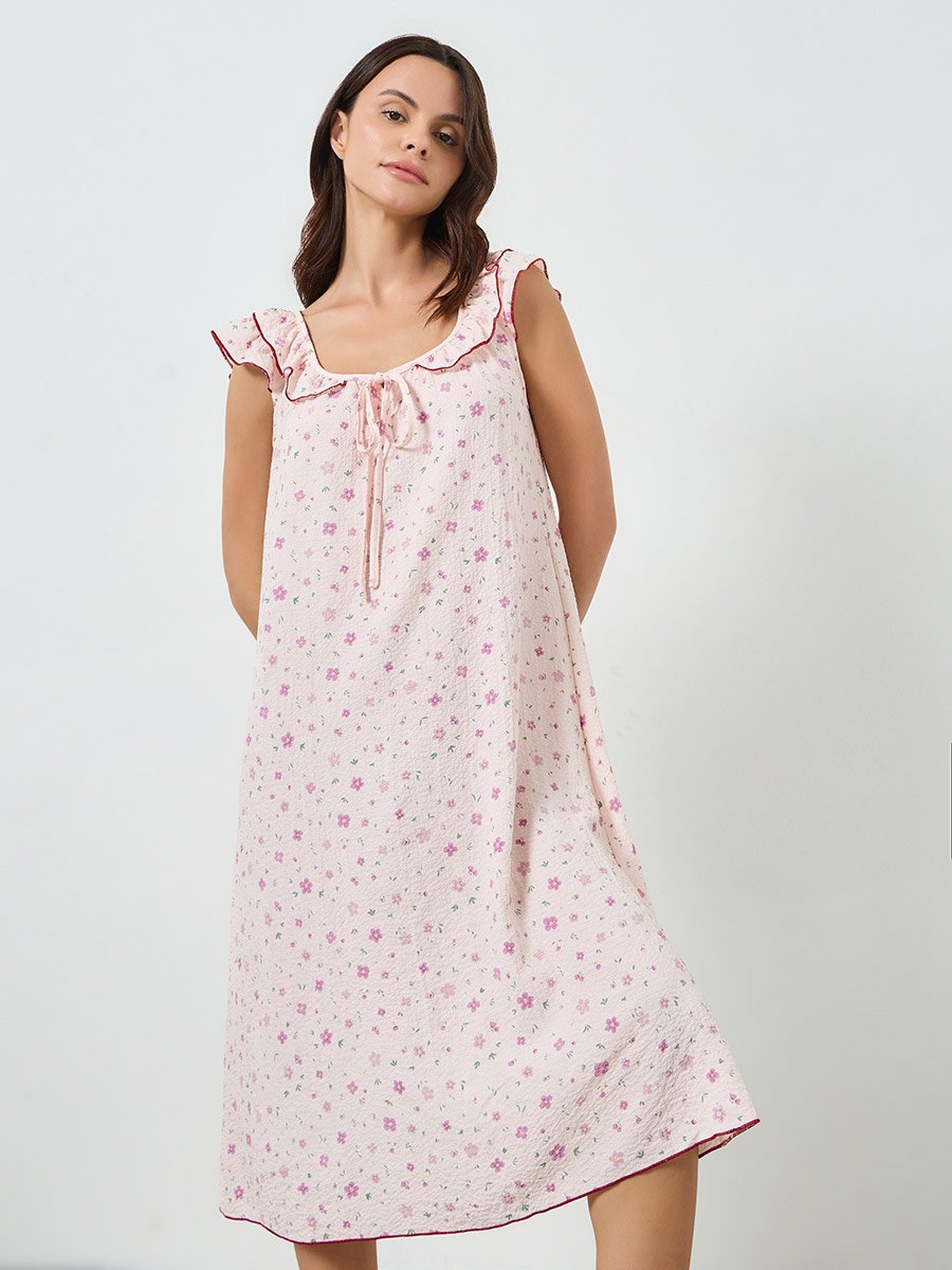 Light Pink Ditsy Floral Ruffle Neck Front Tie Nightdress