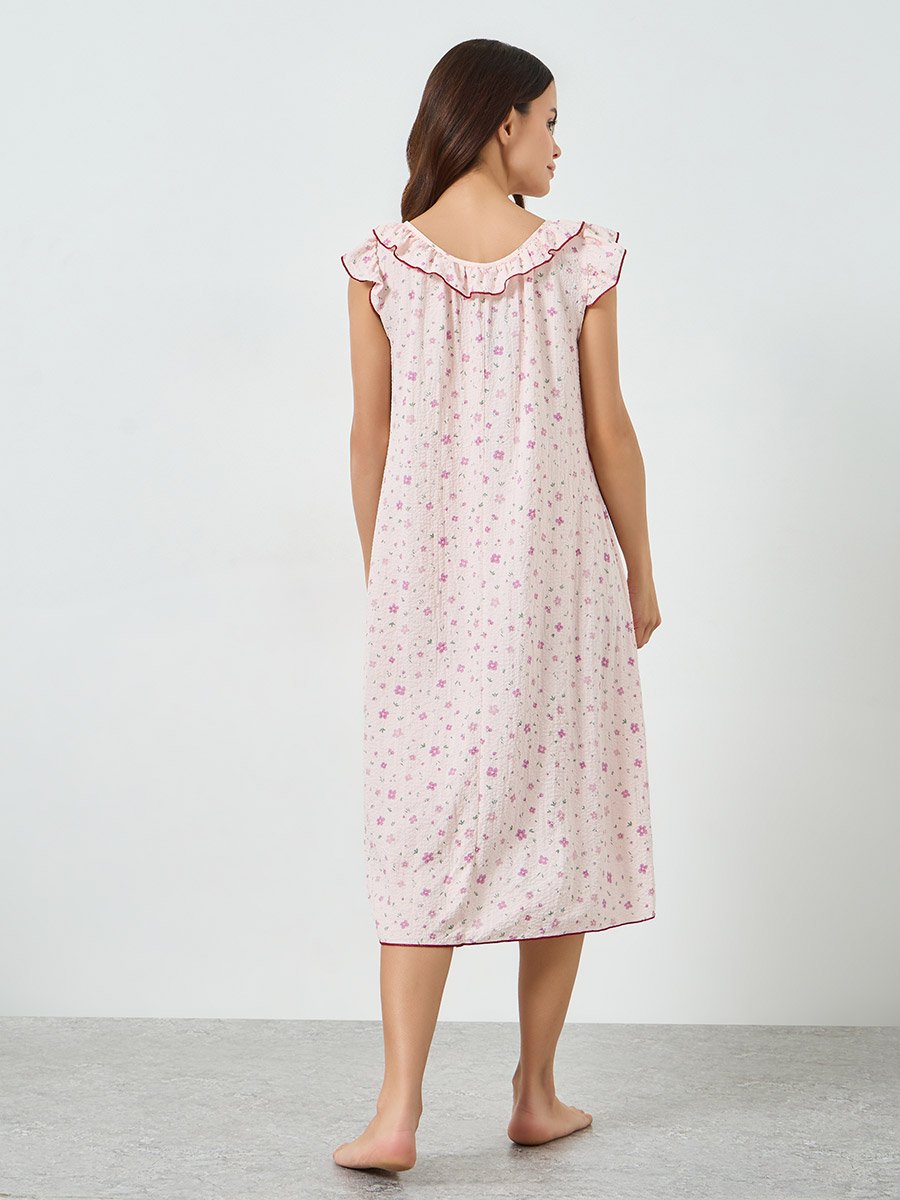 Light Pink Ditsy Floral Ruffle Neck Front Tie Nightdress