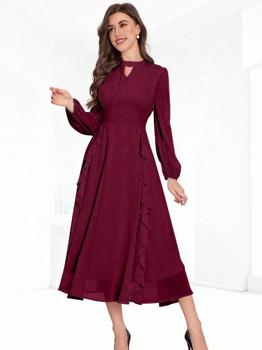 Burgundy Keyhole Neck Ruffled Midi Dress