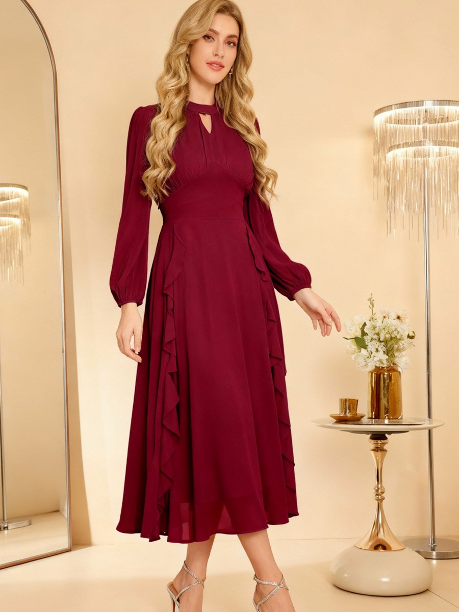 Burgundy Keyhole Neck Ruffled Midi Dress
