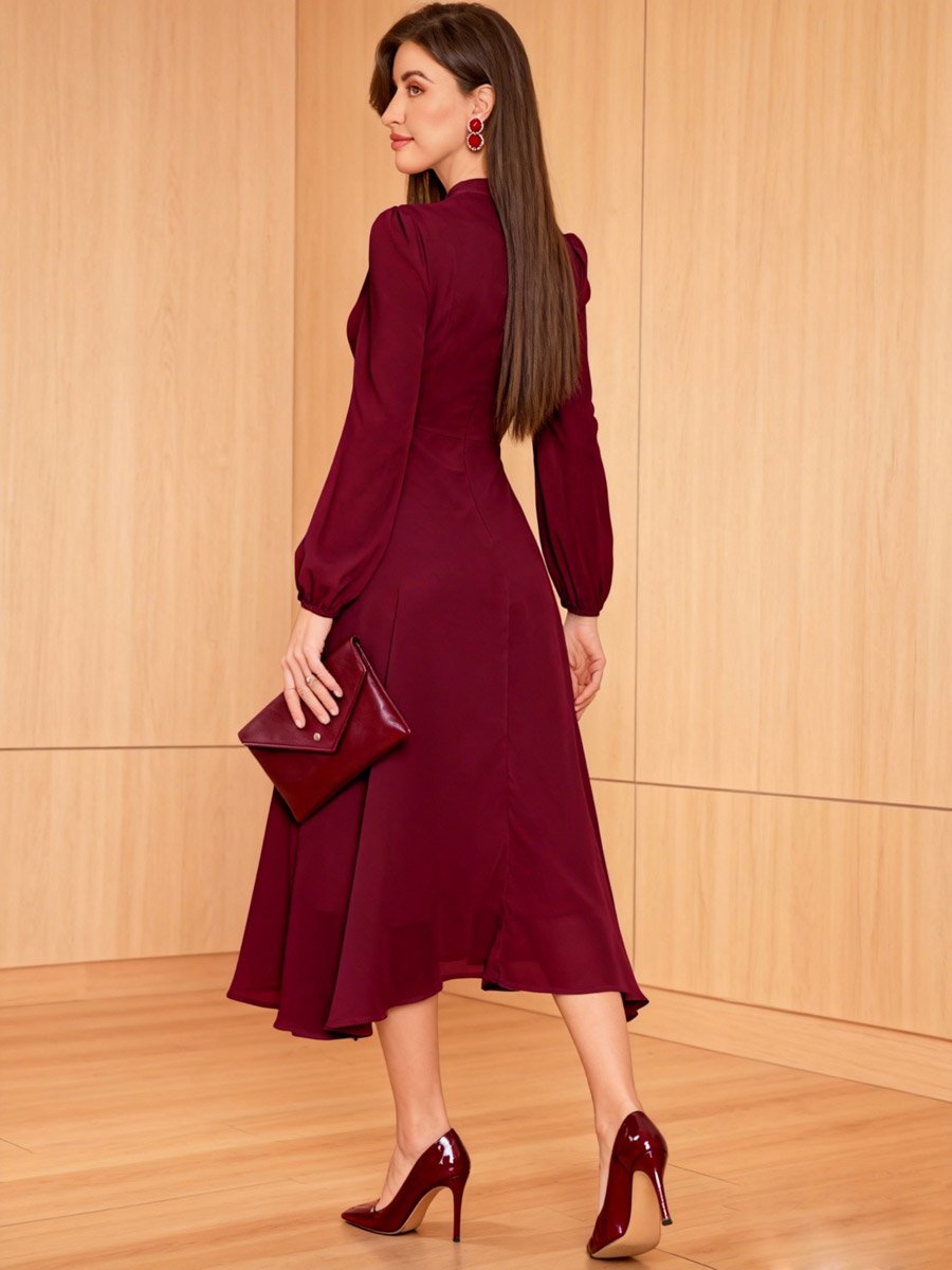 Burgundy Keyhole Neck Ruffled Midi Dress