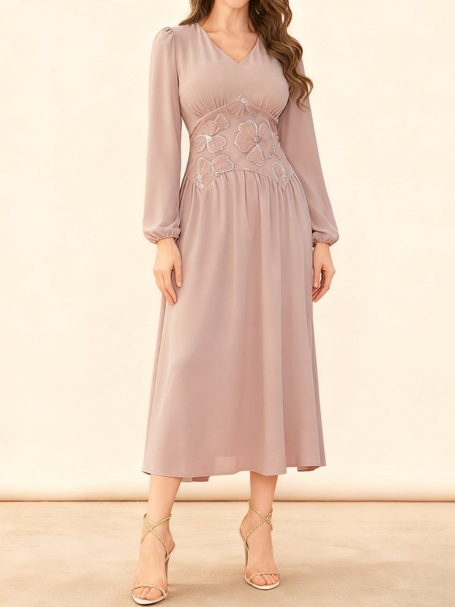 Pink Floral Embroidery V Neck Midi Dress