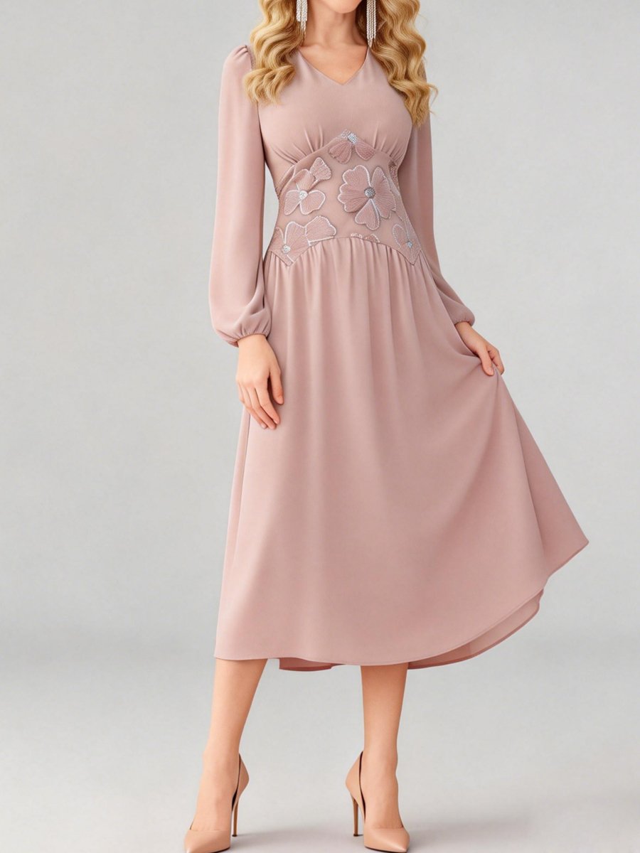 Pink Floral Embroidery V Neck Midi Dress