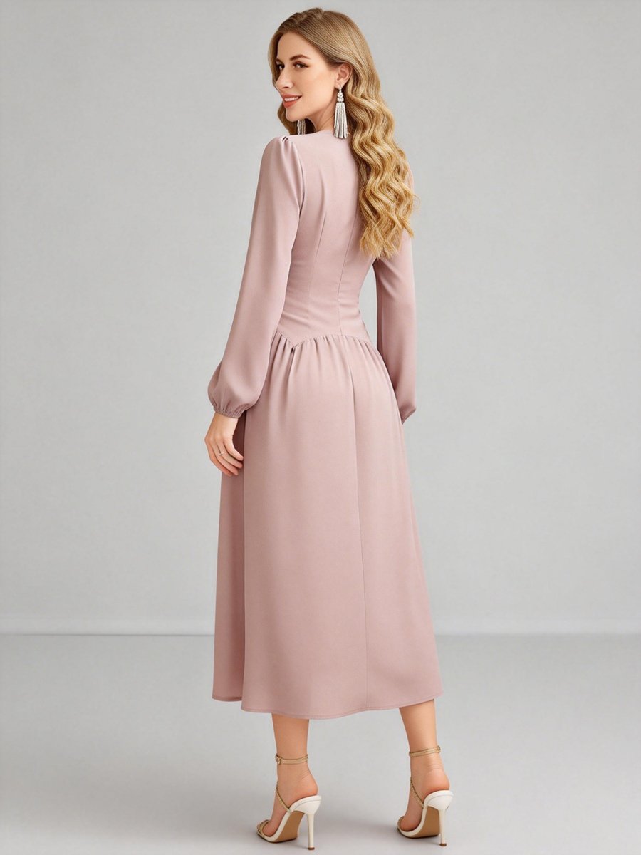 Pink Floral Embroidery V Neck Midi Dress