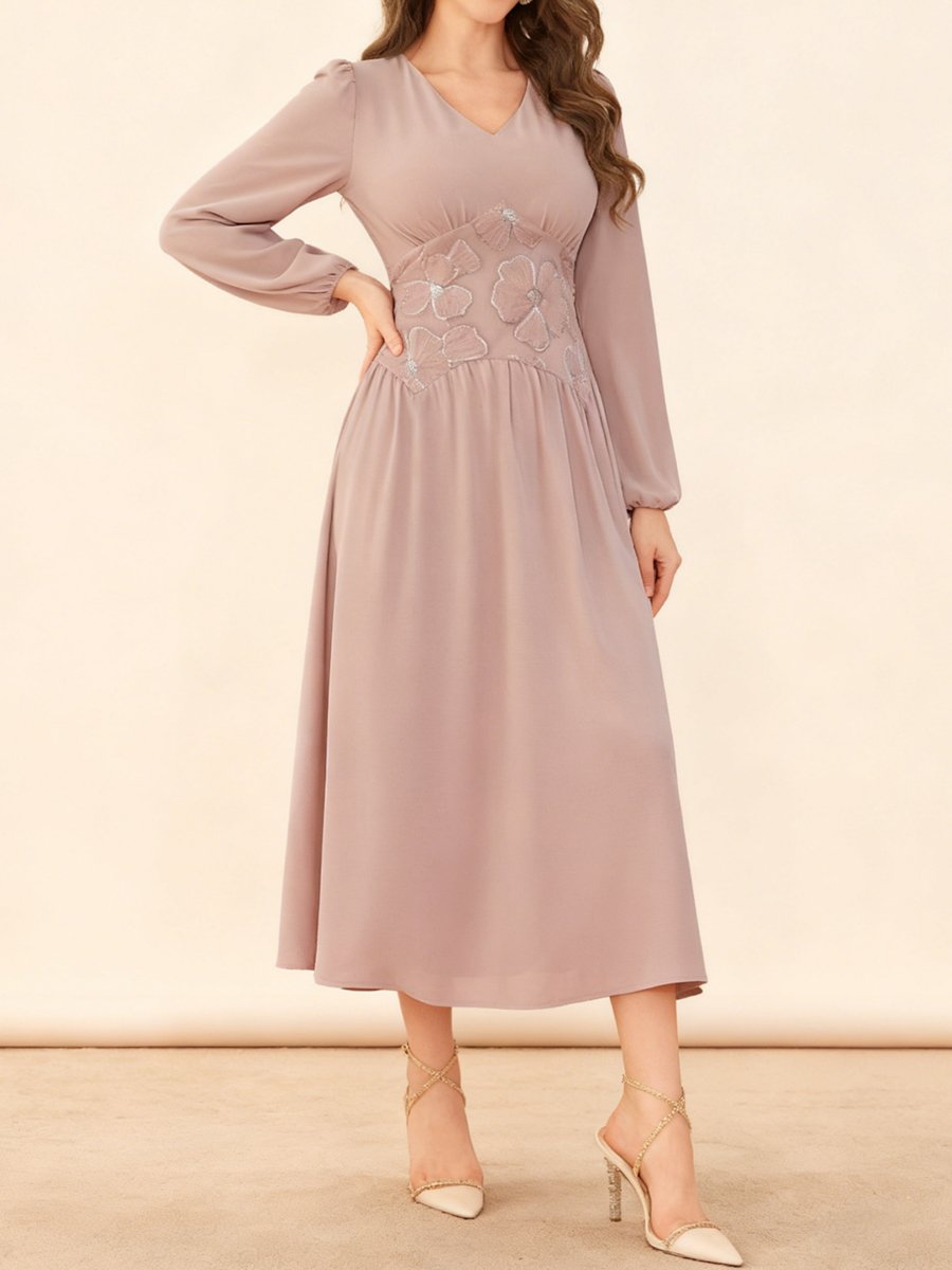 Pink Floral Embroidery V Neck Midi Dress