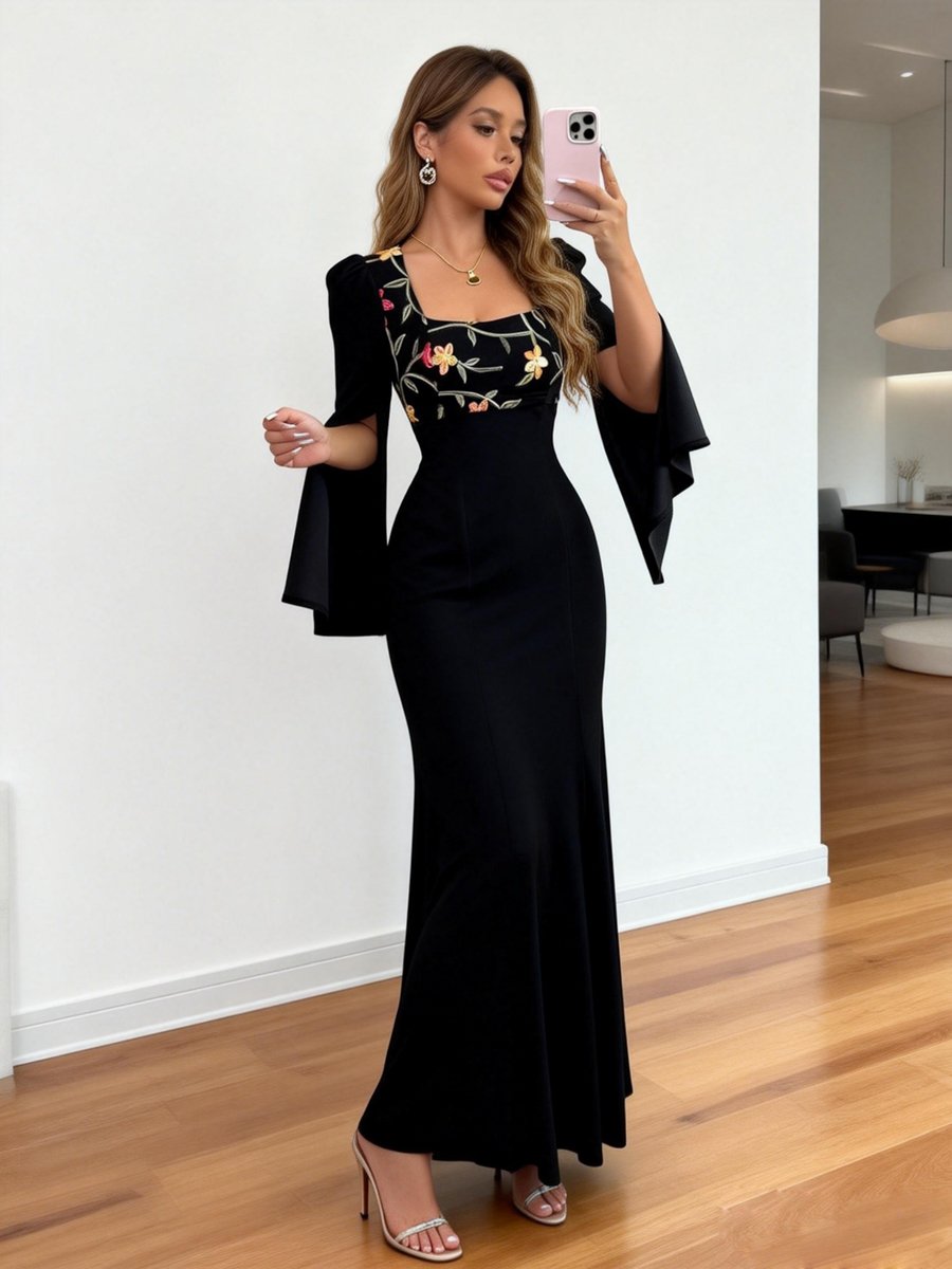Black Floral Maxi Dress with Slit Sleeves