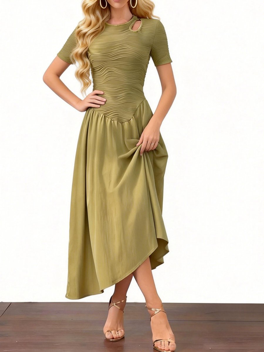 Olive Textured Midi Dress with Cutout Detail