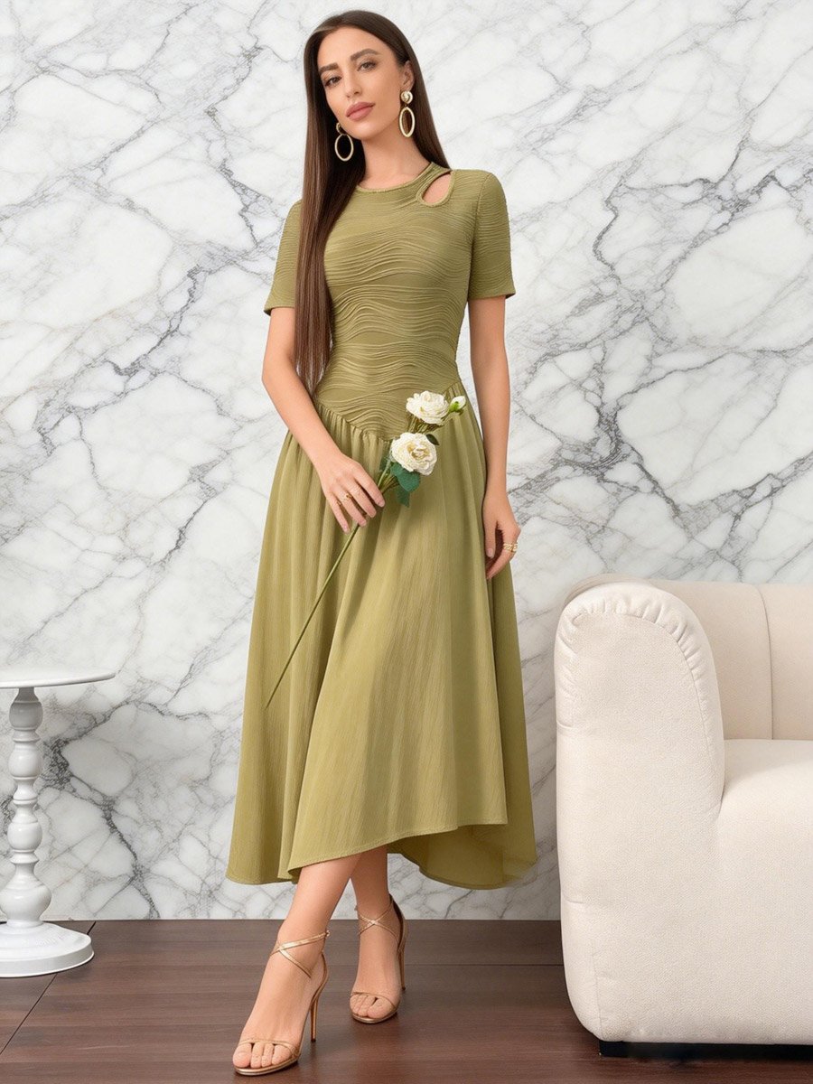 Olive Textured Midi Dress with Cutout Detail