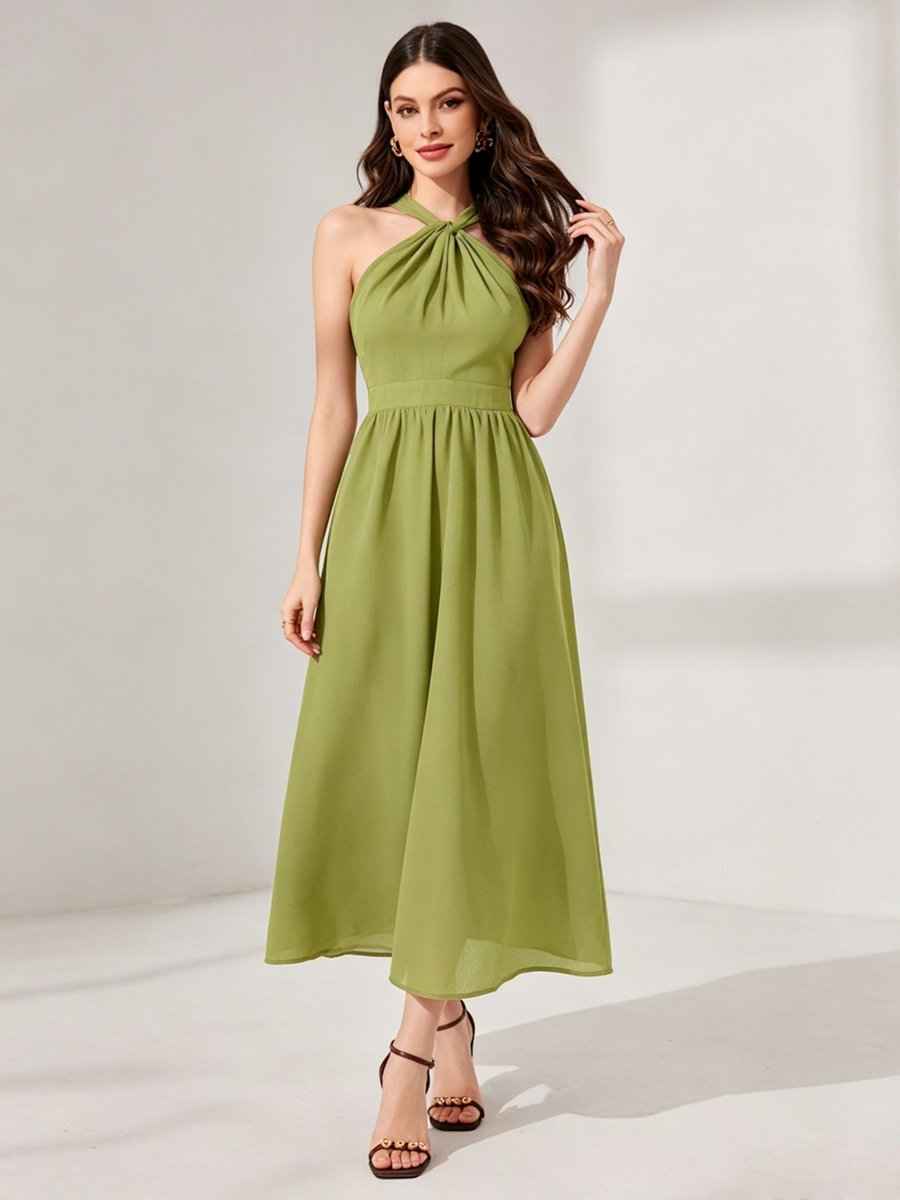 Green Halter Neck Sleeveless A-Line Midi Dress