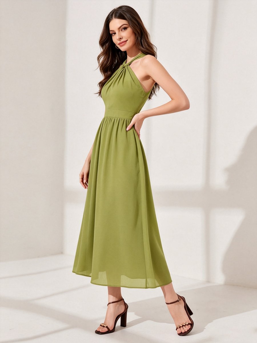 Green Halter Neck Sleeveless A-Line Midi Dress