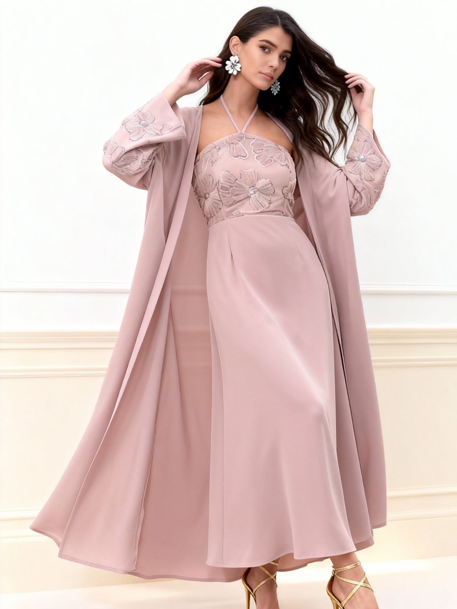 Pink Embroidered Halter Neck Dress with Kimono Co-Ords