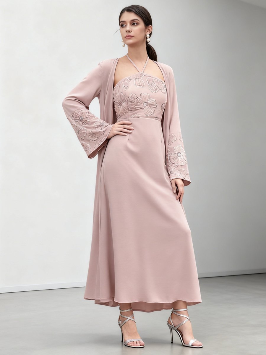 Pink Embroidered Halter Neck Dress with Kimono Co-Ords