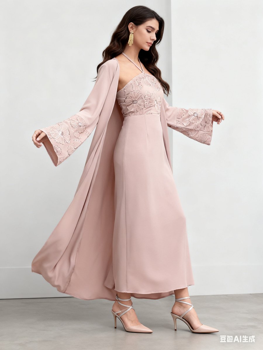 Pink Embroidered Halter Neck Dress with Kimono Co-Ords For Women at Saudi | Styli Pink Embroidered Halter Neck Dress with Kimono Co-Ords For Women at Saudi | Styli