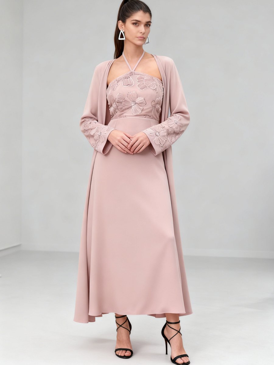 Pink Embroidered Halter Neck Dress with Kimono Co-Ords
