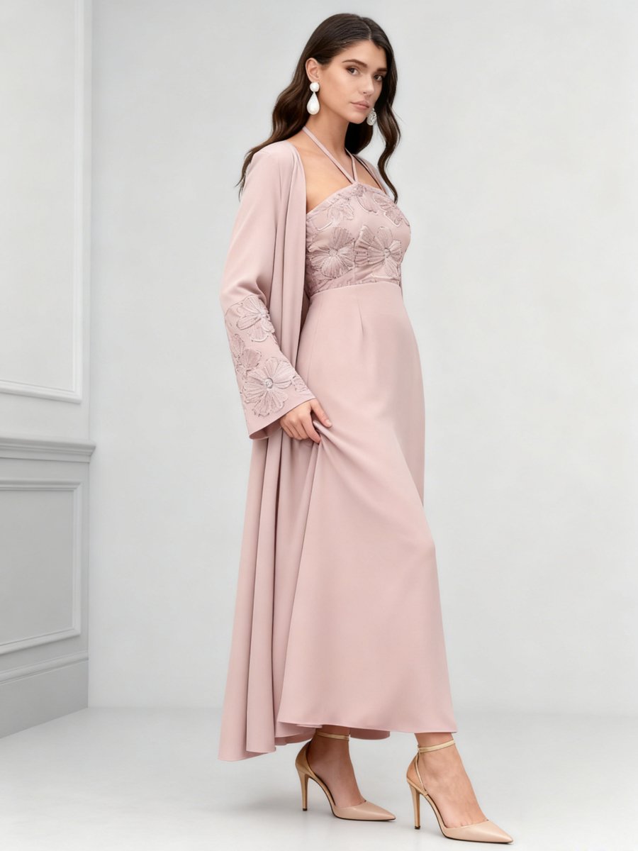 Pink Embroidered Halter Neck Dress with Kimono Co-Ords