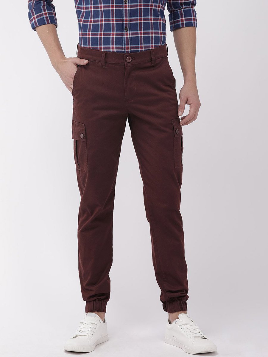 Men Burgundy Slim Fit Cargo Joggers