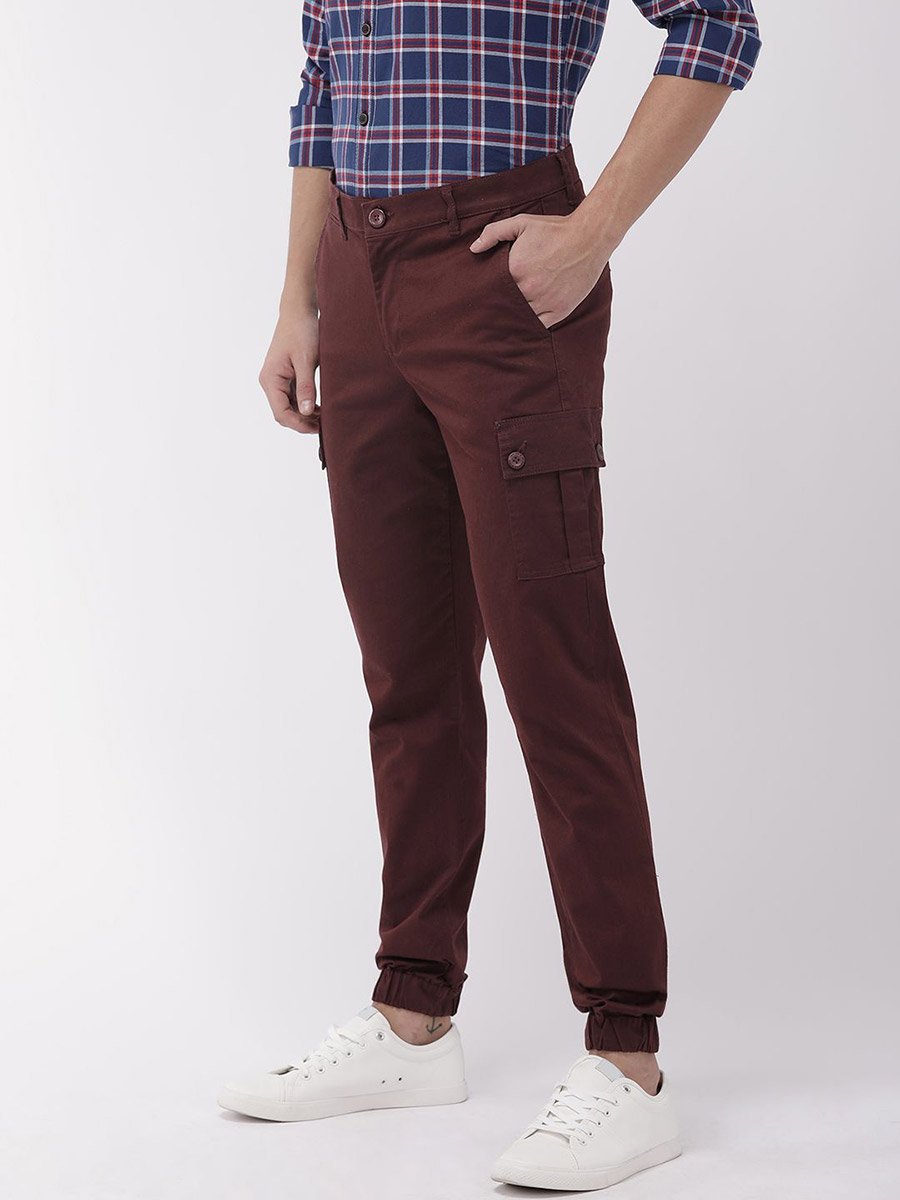 Men Burgundy Slim Fit Cargo Joggers